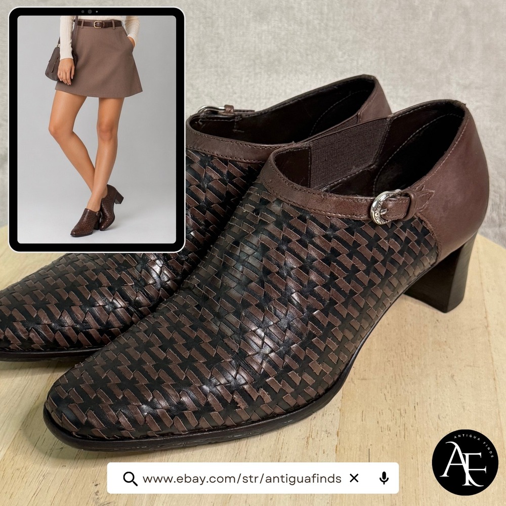 Brighton Turner Woven‎ Leather Boots Brown Black Square Toe Block Heel 8M Brazil